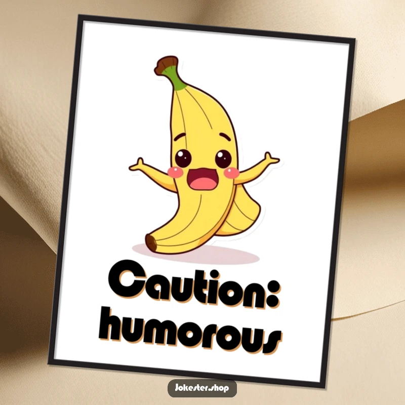 Funny digital art print of a surprised cartoon banana peel slipping comically with a wide grin, perfect for humorous wall decor.