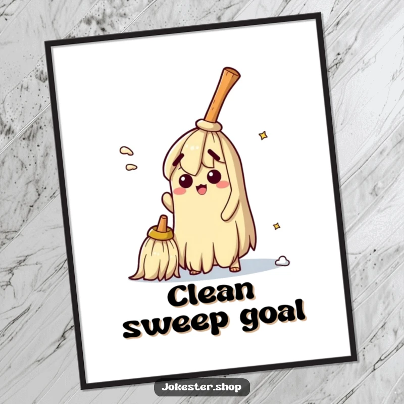 Funny digital art print of a bewildered broom hilariously trying to sweep itself clean, ideal for adding quirky humor and personality to wall decor.