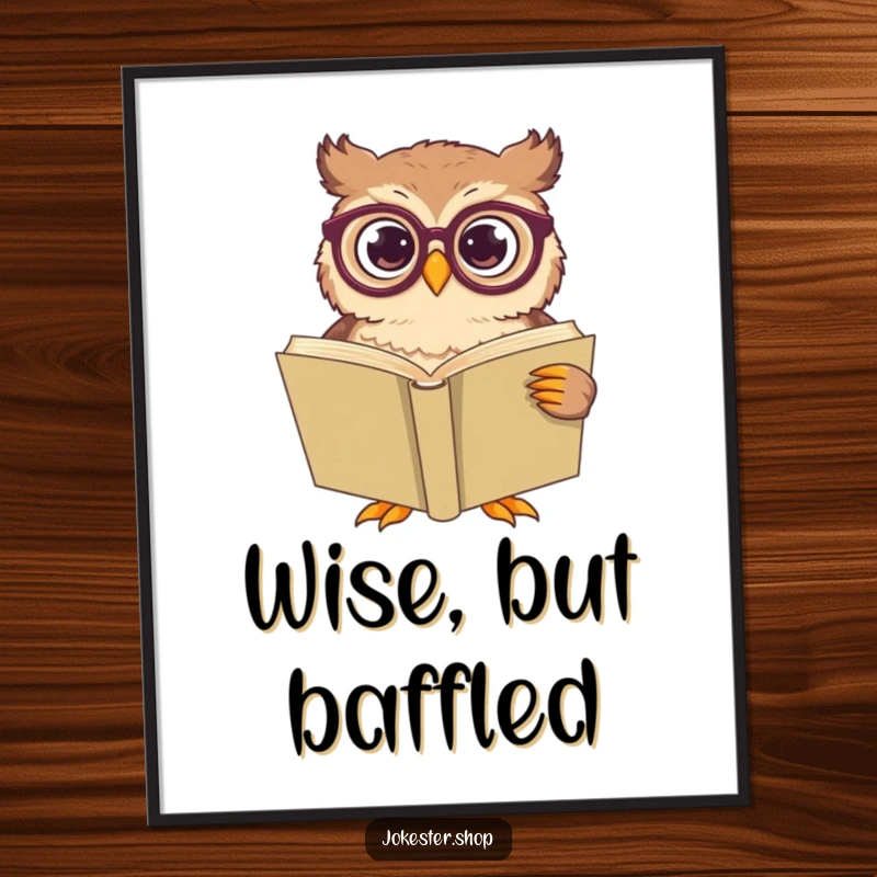 Funny owl character with oversized spectacles, looking bewildered by a giant book, ideal for digital art prints.
