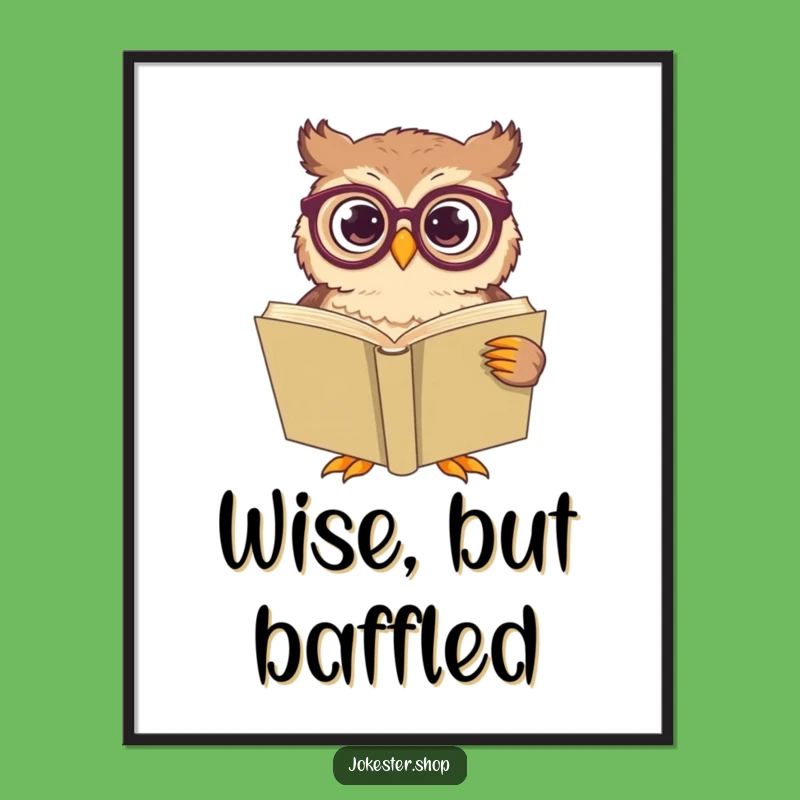 Funny Confused Owl Reading Digital Art - Instant Hilarious Bookworm Decor Gift