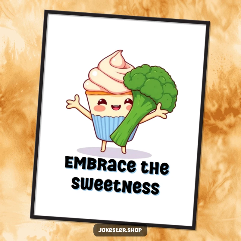 Funny happy cupcake with frosting arms hugging grumpy broccoli, high-resolution digital art of comical food characters, ideal for a funny gift.