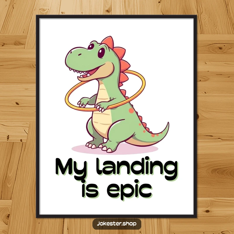 Funny digital art print of a clumsy dinosaur hilariously falling over while trying to hula hoop, instant wall decor.
