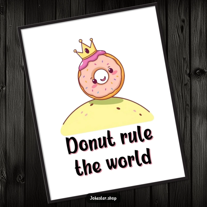 Funny digital art print of a cheerful donut wearing a tiny crown rolling down a hill, ideal for adding playful sweetness and humor to wall decor.
