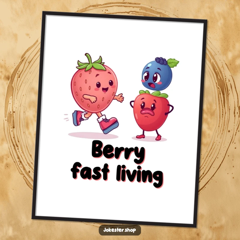 Funny Fruit Digital Art Print: A plump strawberry on roller skates zooms past a comically bewildered blueberry.
