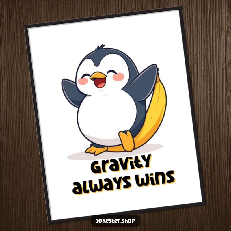 Funny digital art print of a plump penguin dramatically slipping with exaggerated surprise on a banana peel.