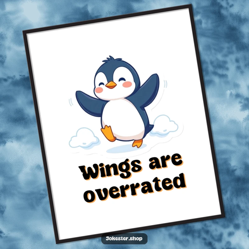Funny Digital Art Print of a determined penguin attempting flight with flippers, offering instant inspirational humor.