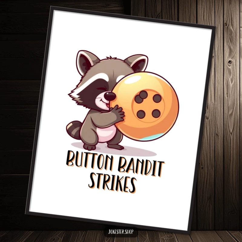 Funny raccoon digital art print of a mischievous raccoon attempting to steal a giant, shiny button, perfect for wall decor.