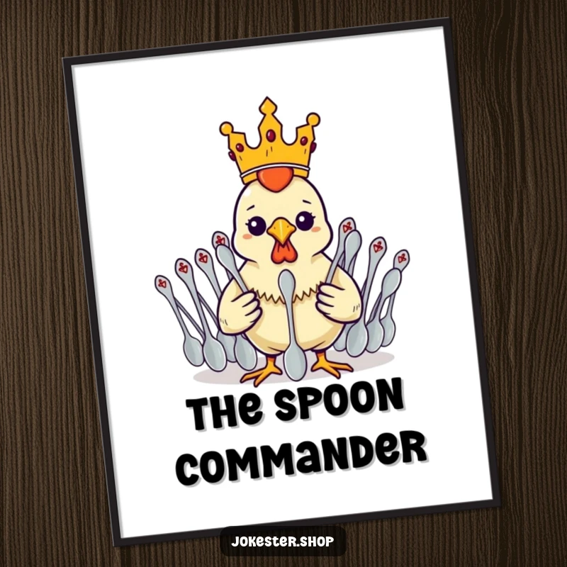 Funny rubber chicken wearing a crown and commanding spoons, a humorous and absurd digital art print.