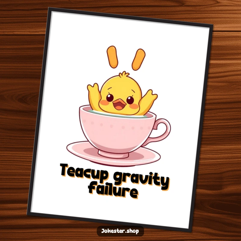Funny Digital Art Print: A surprised rubber ducky floating upside down in a teacup, bringing a comical and unexpected visual to wall decor.