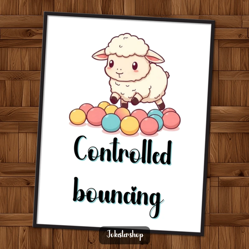 Funny sheep comically attempting to herd tiny bouncy balls, presented as a high-resolution digital art print for instant humor.