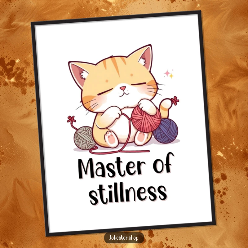 Funny digital art print: a sleepy cat character attempting to juggle yarn balls while falling asleep, conveying humorous exhaustion and charm.