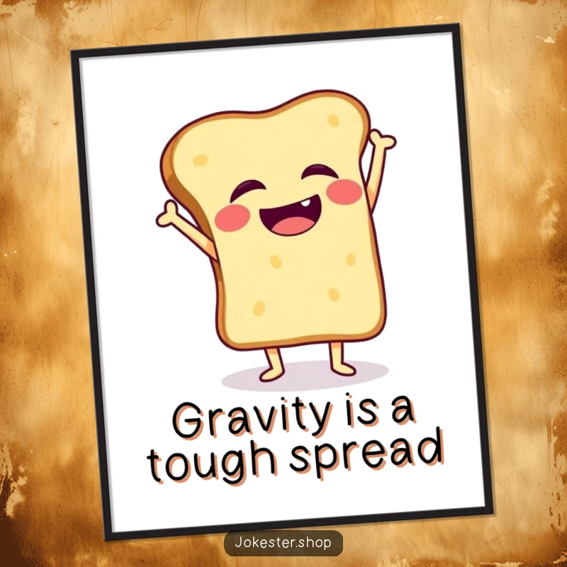 Funny digital art print of a giggling toast slice hilariously wobbling while attempting a handstand, instant kitchen decor.