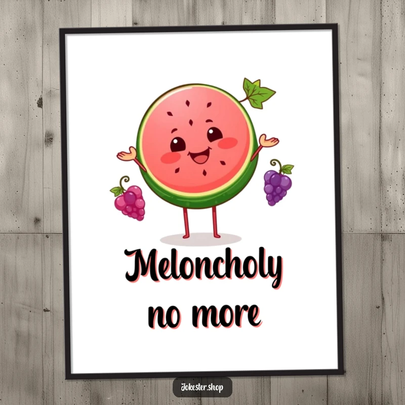 Funny digital art of a happy watermelon slice juggling three tiny grapes, a vibrant and humorous illustration for download.