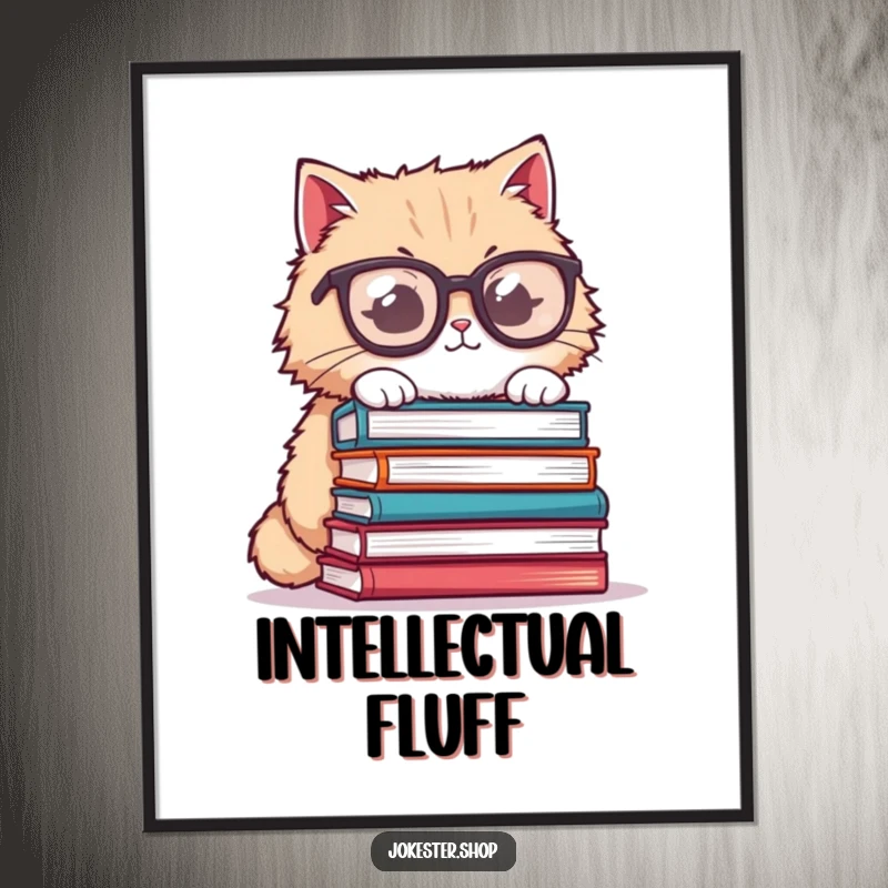 Funny cat digital art, fluffy cat wearing oversized glasses, attempting to balance books, humorous and intellectual decor.