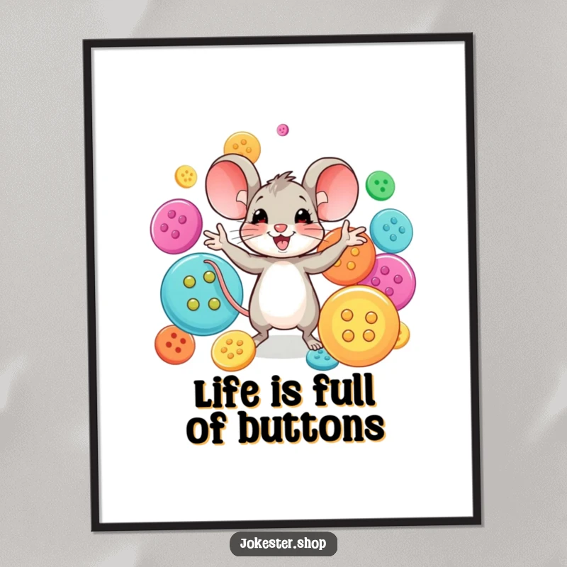 Funny mouse character with exceptional juggling skills, handling large, colorful buttons. An easily printable and funny digital art piece.