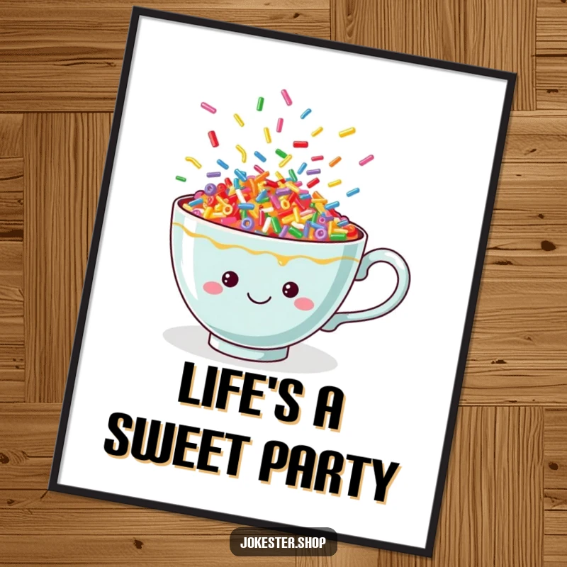 Funny digital art print of a cheerful teacup spilling vibrant, dancing sprinkles, perfect for adding instant joy and color.