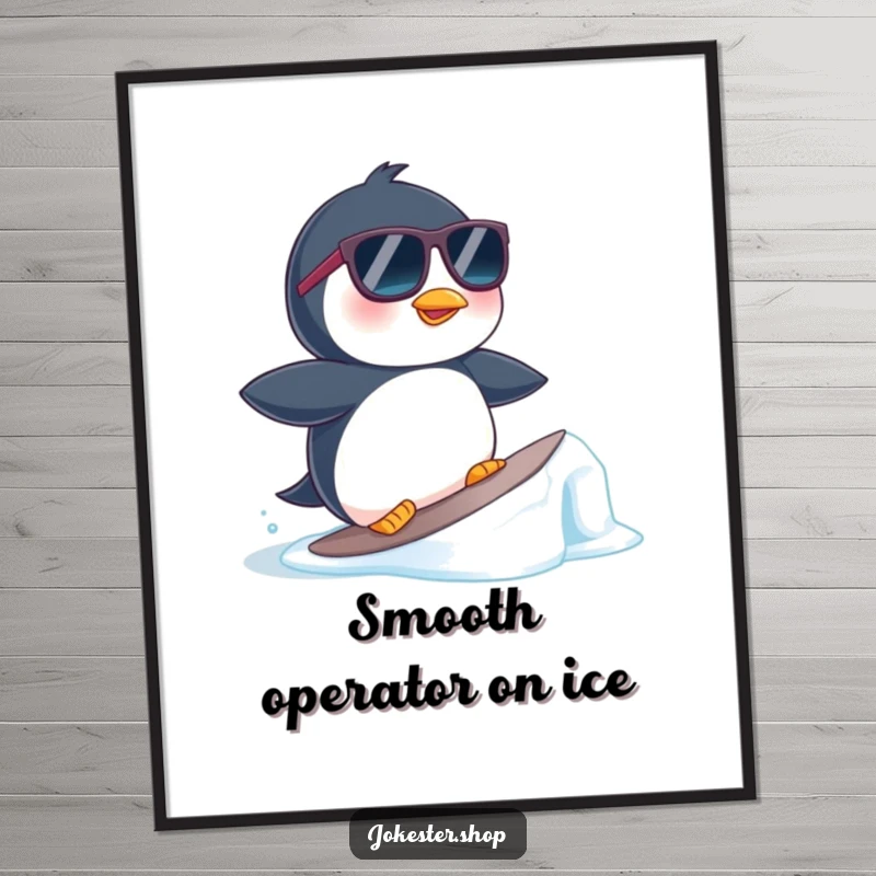 Funny digital art print of a penguin wearing sunglasses, surfing a small ice floe, exuding effortless cool and humor.