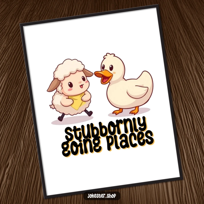 Funny sheep character comically struggling to herd a single, very stubborn rubber duck toy. An easily printable and funny digital art piece.