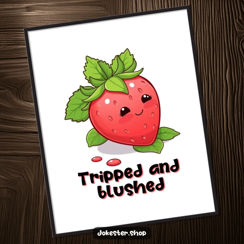 Funny Digital Art Print of a blushing strawberry tripping over its leaves, offering instant cute humor.