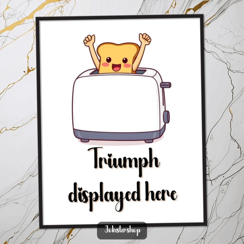 Funny cheerful toast leaping from a toaster with arms raised in triumph, as downloadable wall art.