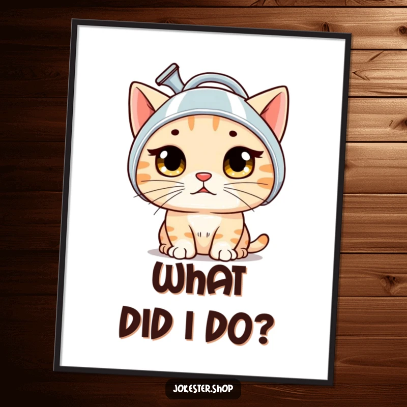 Funny cat digital art print: a bewildered cat wearing a watering can as a helmet, eyes wide with surprise.