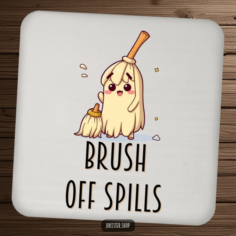 Funny drink coasters depicting a bewildered broom hilariously trying to sweep itself clean, adding a humorous and protective touch to tabletops.