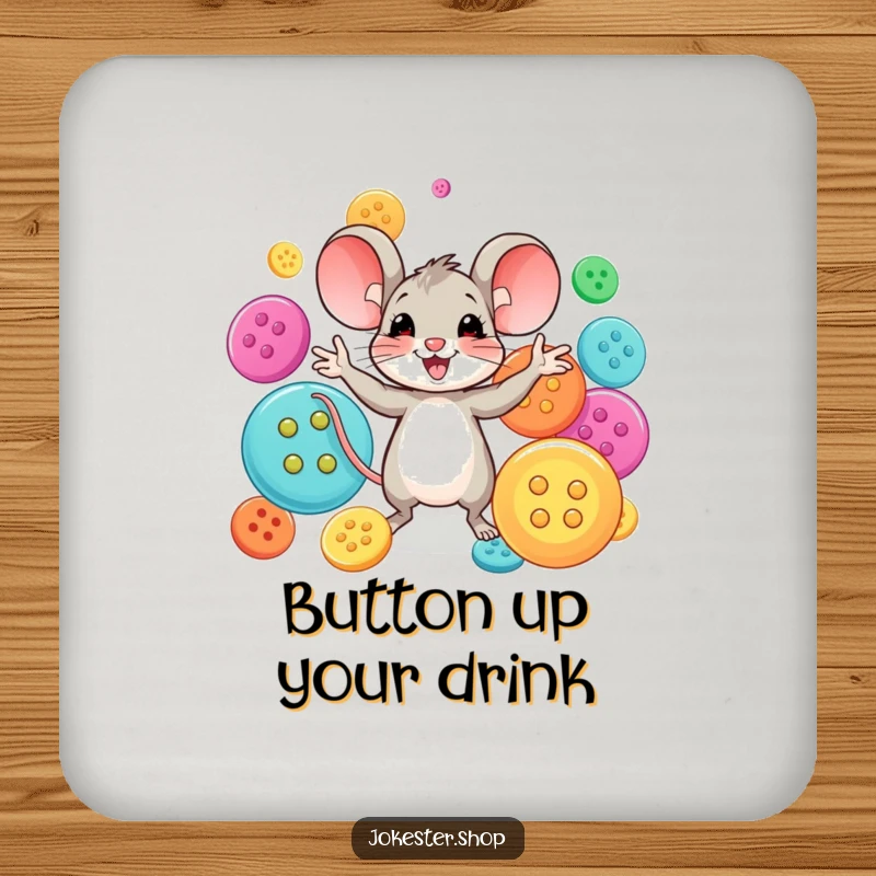 Funny mouse character juggling an assortment of large, colorful buttons. A protective and funny drink coaster.