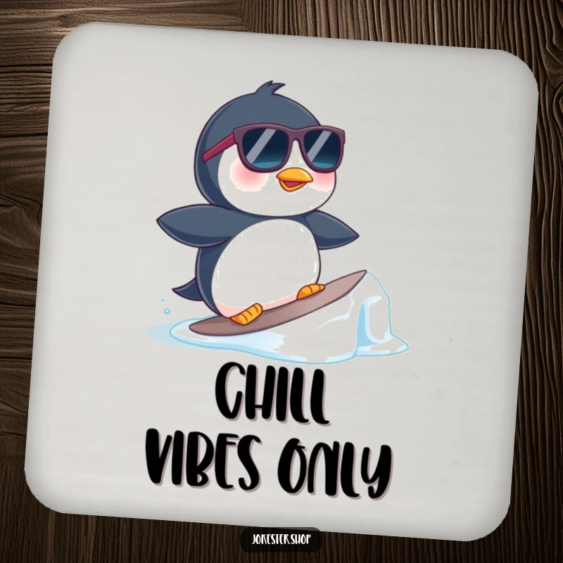 Funny drink coaster showing a penguin in sunglasses surfing a tiny ice floe, a humorous detail for tabletops.