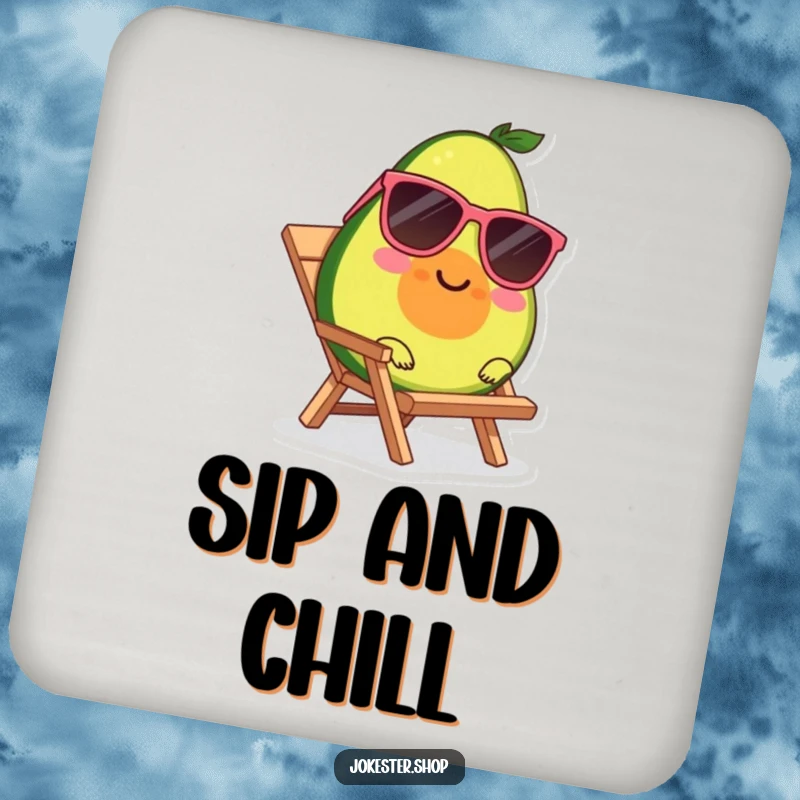 Funny drink coaster featuring a smiling avocado wearing sunglasses, lounging on a tiny beach chair.