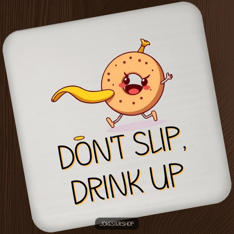 Funny mischievous banana peel about to trip a walking bagel, on a protective drink coaster, adding playful humor to surfaces.