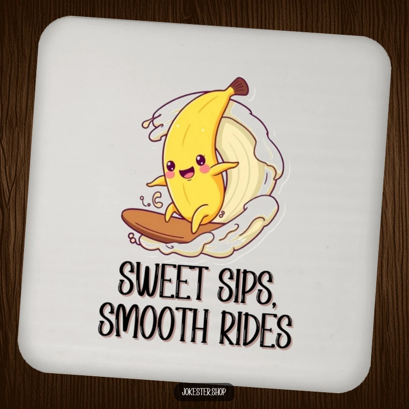 Funny drink coaster showing a happy banana character trying to surf a small wave of cream.