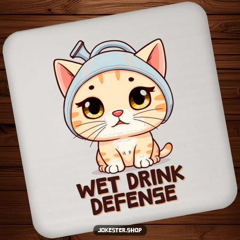 Funny cat coaster art of a bewildered cat wearing a watering can as a helmet, protecting surfaces with humor.
