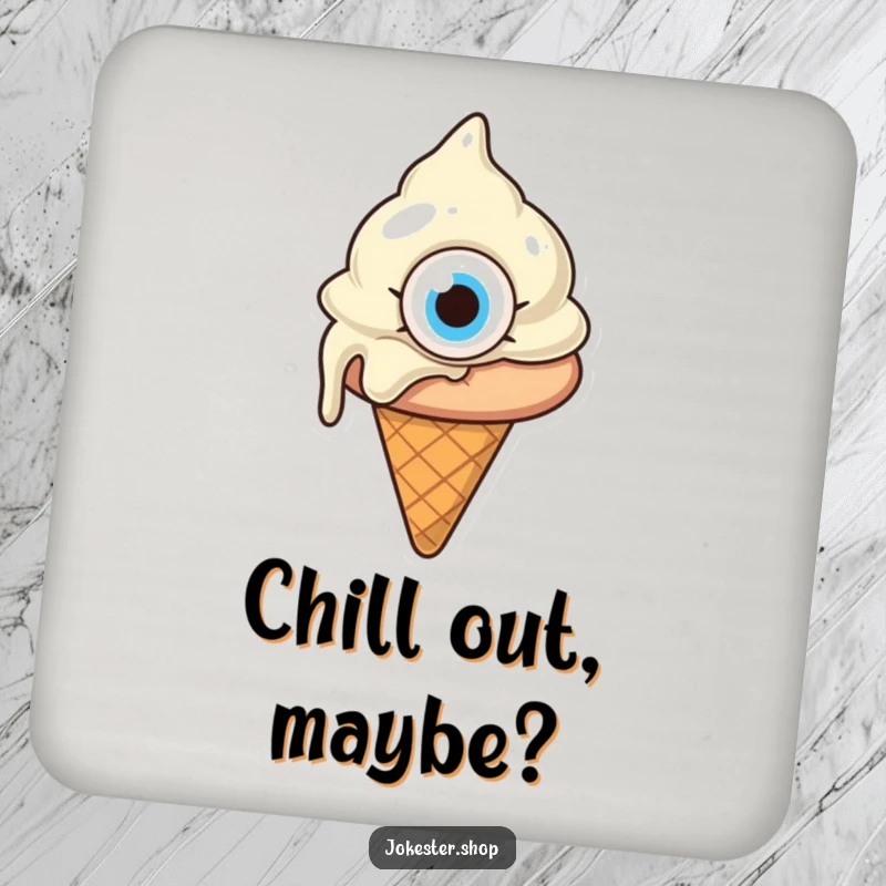 Funny melting ice cream cone with one giant eye, looking confused, a coaster featuring a quirky cartoon dessert, perfect for a funny gift.