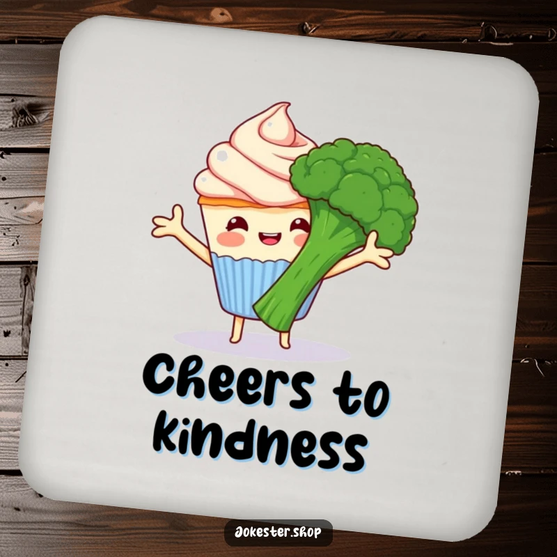 Funny happy cupcake with frosting arms hugging grumpy broccoli, a coaster featuring sweet and grumpy cartoon food, perfect for a funny gift.