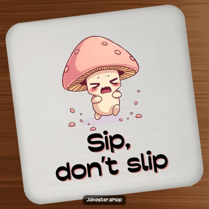 Funny drink coaster featuring a nervous mushroom character tripping over its cap, scattering spores.