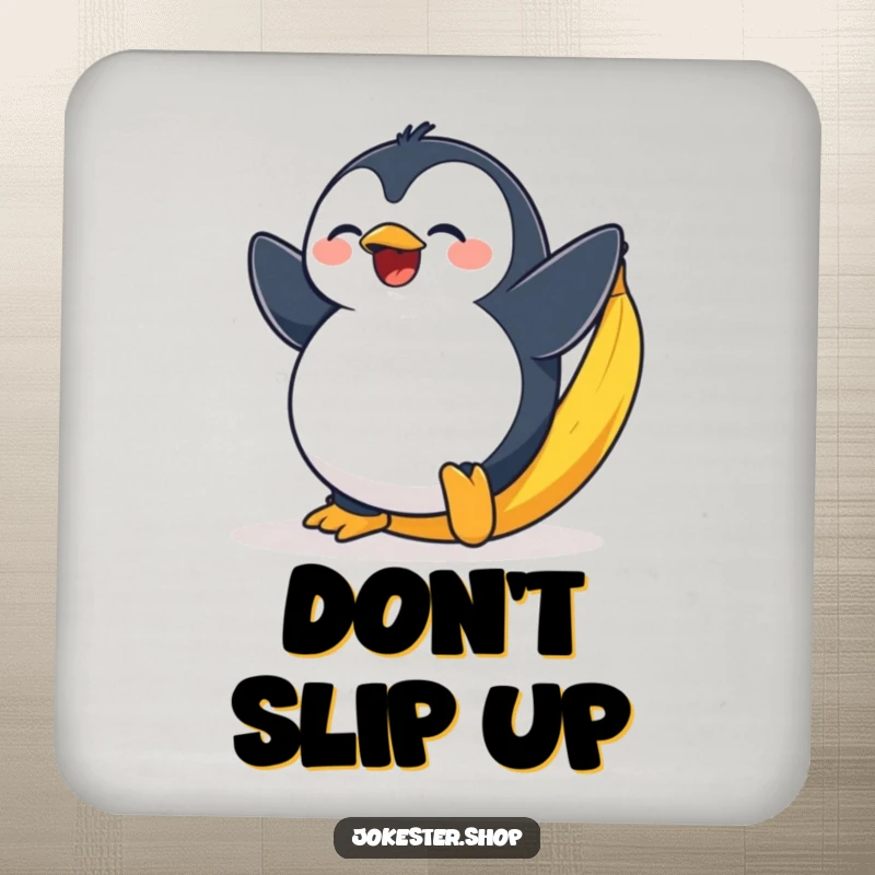 Funny drink coaster featuring a plump penguin dramatically slipping on a yellow banana peel with surprise.