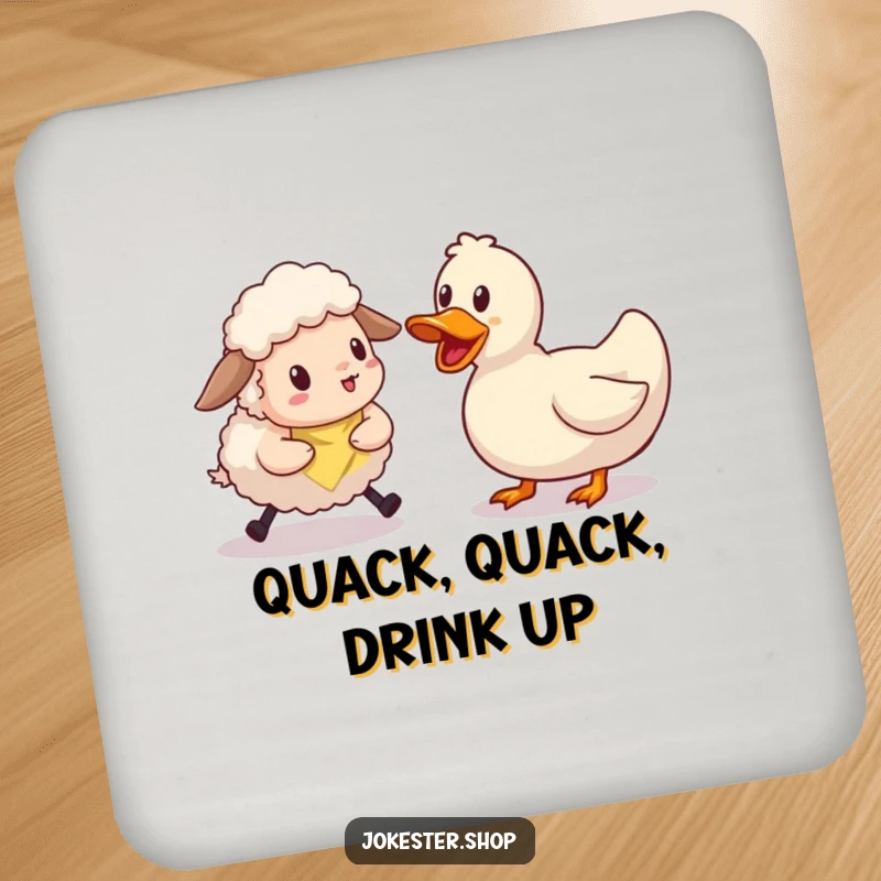 Funny sheep character attempting to herd a single, stubborn rubber duck. A protective and funny drink coaster.