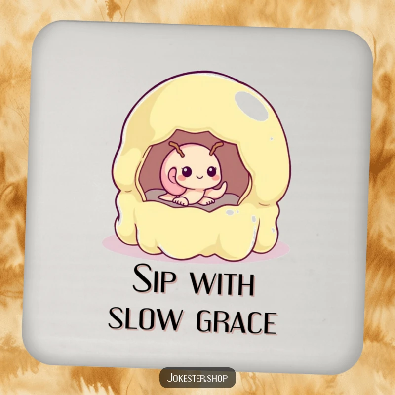 Funny shy snail peeking from a giant, unstable jelly mold on a protective drink coaster.