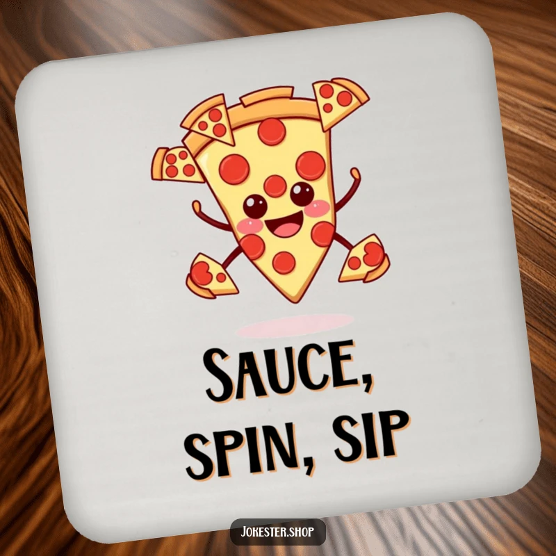 Funny pizza coaster, smiling slice juggling pepperoni slices, protecting surfaces with humorous flavor.