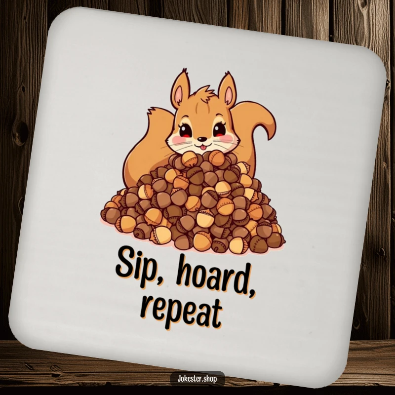 Funny Coaster: Illustration of a mischievous squirrel with a large pile of acorns, adding charm and protection.