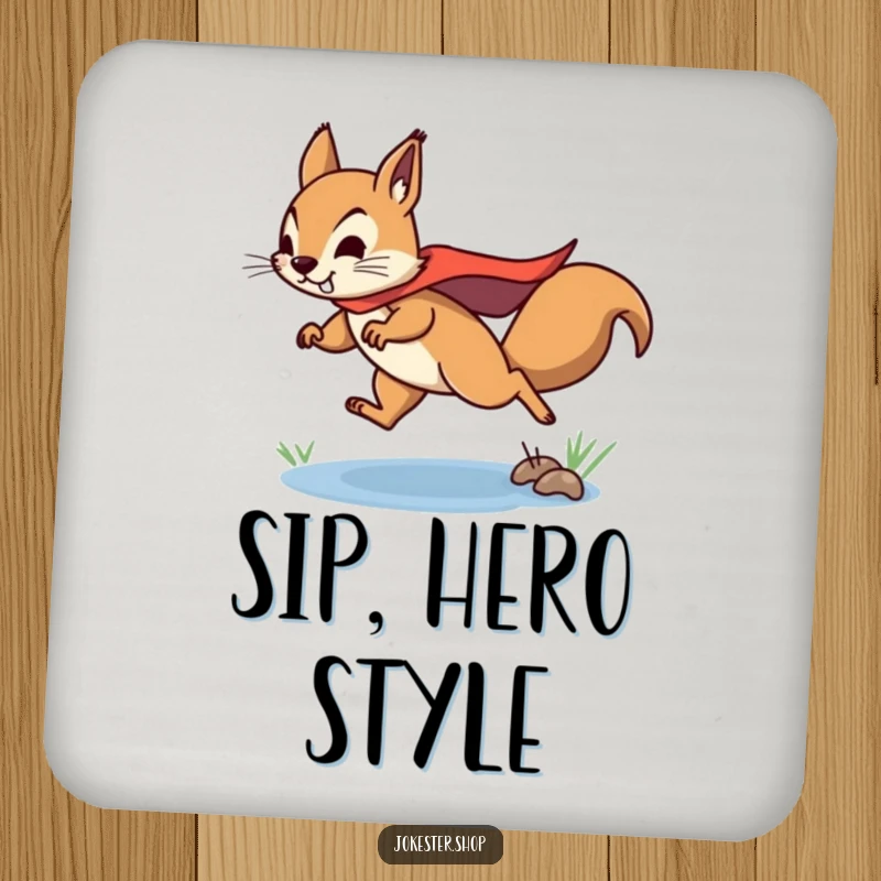 Funny squirrel coaster art of a determined squirrel in a superhero cape, leaping over a puddle, protecting surfaces.