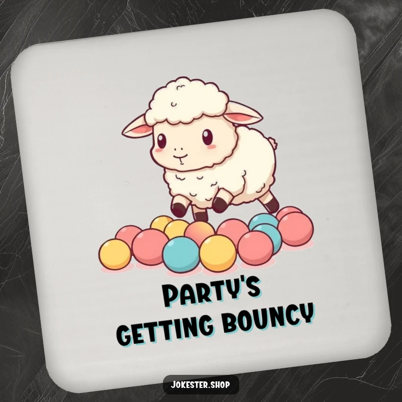 Funny sheep comically attempting to herd tiny bouncy balls, adorning these humorous drink coasters for surface protection.