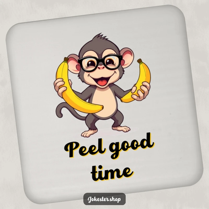 Funny drink coaster depicting a mischievous monkey wearing glasses, juggling large bananas, adding a touch of humor to any surface.