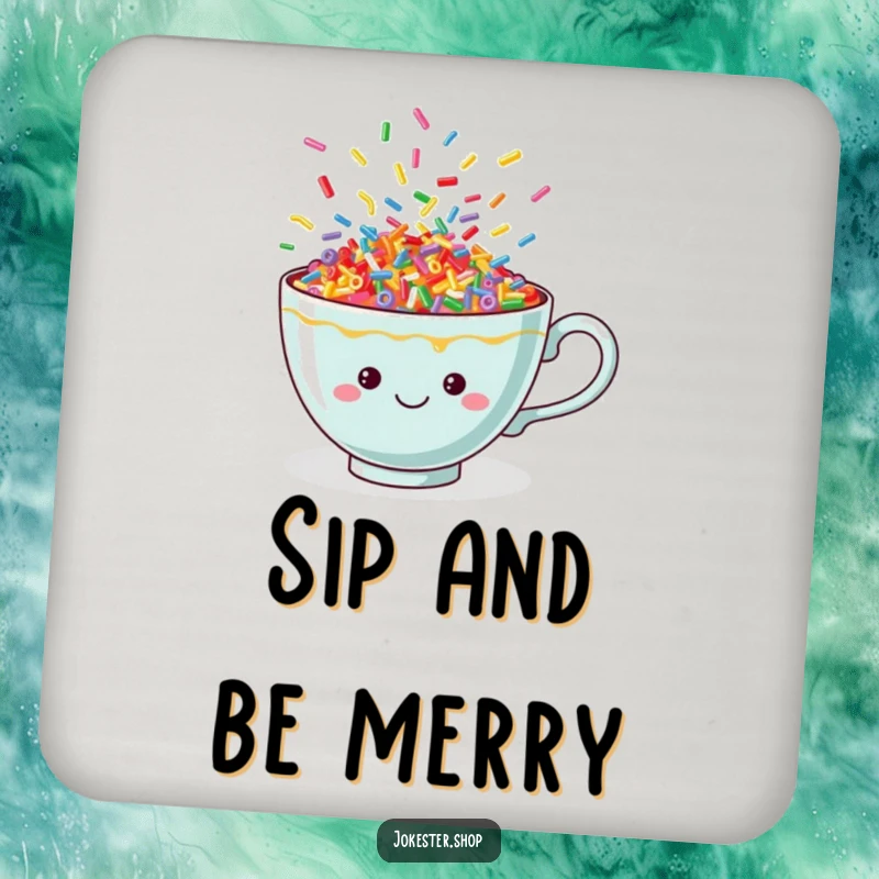 Funny sprinkle teacup drink coaster showcasing a cheerful cup with vibrant, dancing sprinkles, protecting surfaces with style.