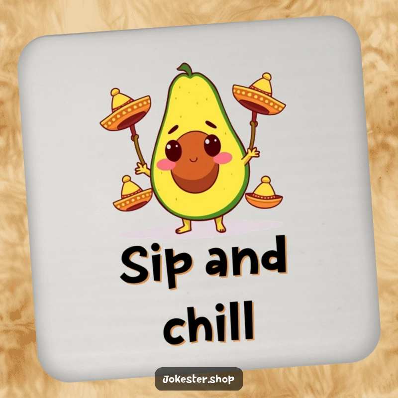 Funny drink coaster showing a determined avocado character energetically juggling three miniature sombreros, perfect for adding fiesta flair.