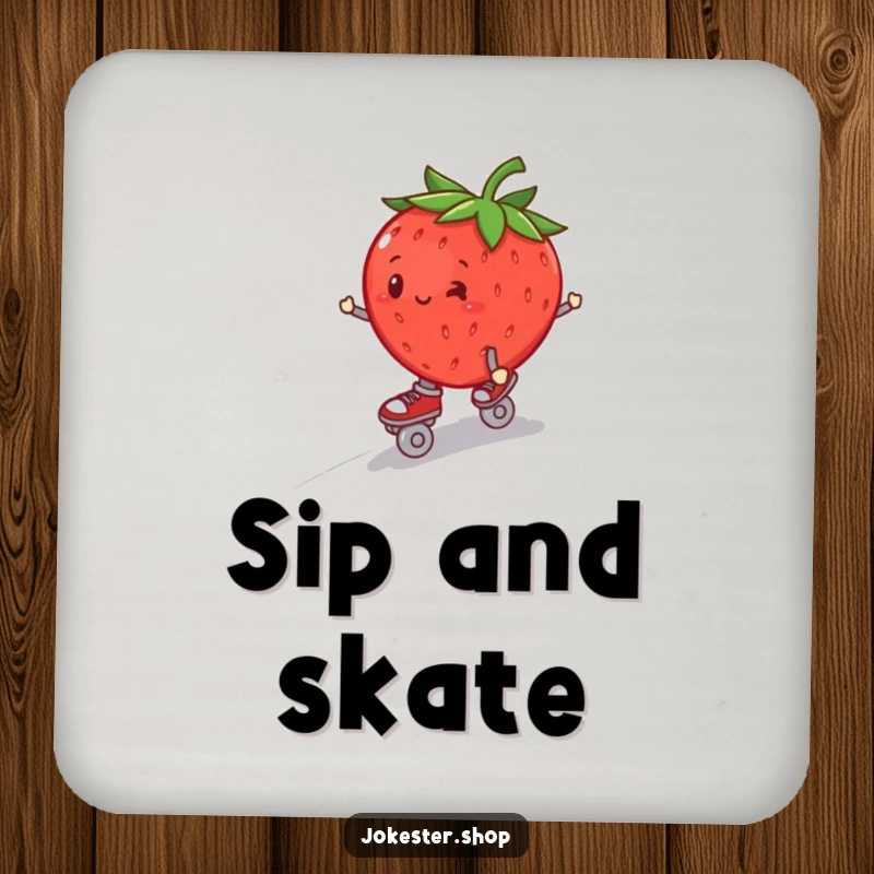 Funny plump strawberry on roller skates, wobbling downhill, on a protective drink coaster.