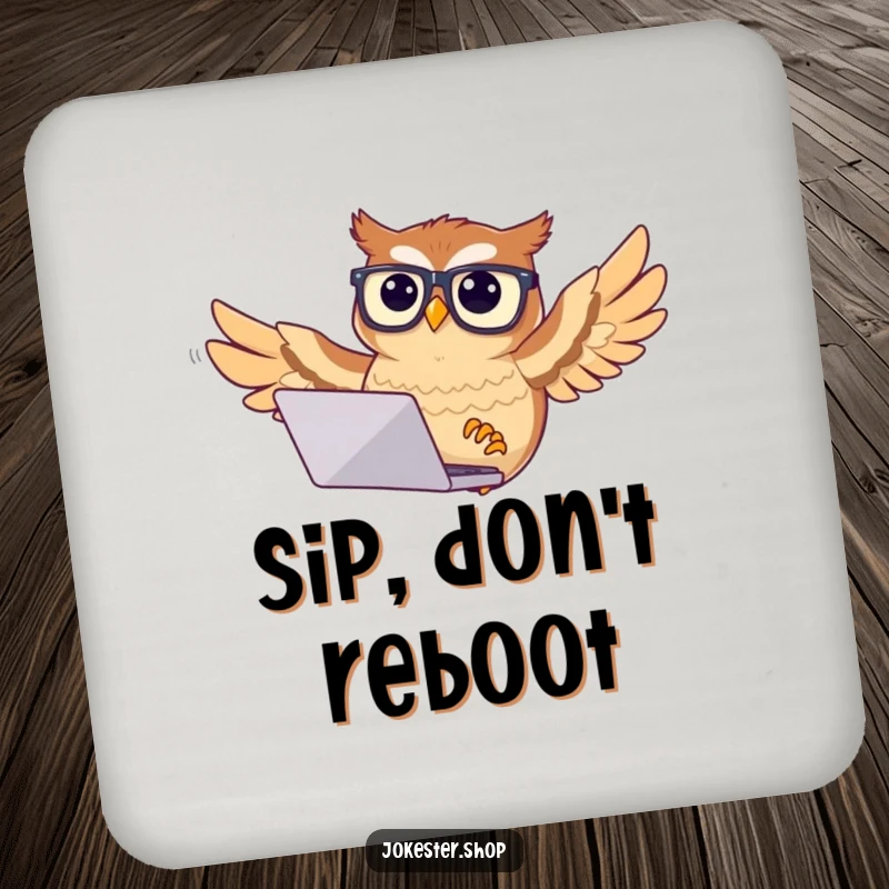 Funny owl coasters showing a confused owl with glasses trying to fly with a laptop, protecting surfaces with humor.