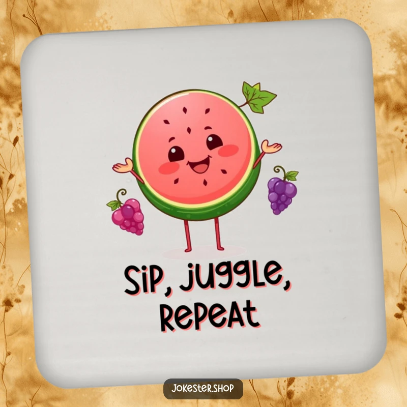 Funny coaster set with a cheerful watermelon slice juggling three tiny grapes, adding a humorous and protective element.