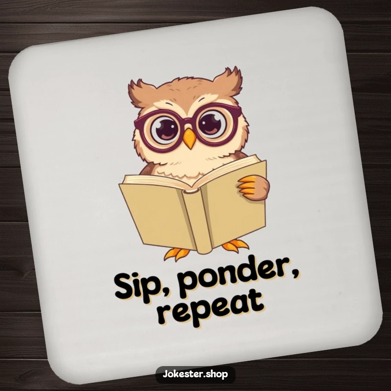 Funny owl wearing large spectacles, looking perplexed at a giant book, featured on a protective drink coaster.