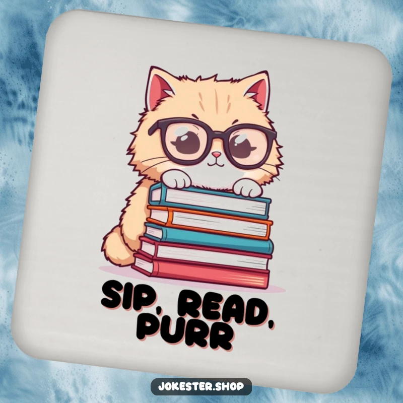 Funny cat coaster, fluffy cat wearing oversized glasses, trying to balance books, protecting surfaces with humorous charm.